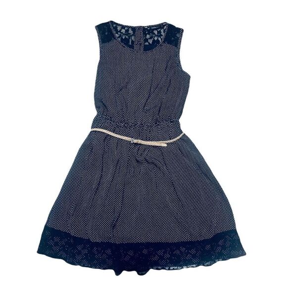 ZARA POLKA DOT LACE TRIM BELTED SLEEVELESS SKATER MINI DRESS NAVY WHITE SMALL - Picture 1 of 7